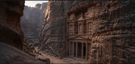 The Treasury at Petra, carved into sandstone and seen through a canyon passage
