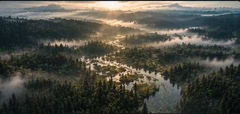Misty forest valley with a winding river at golden hour